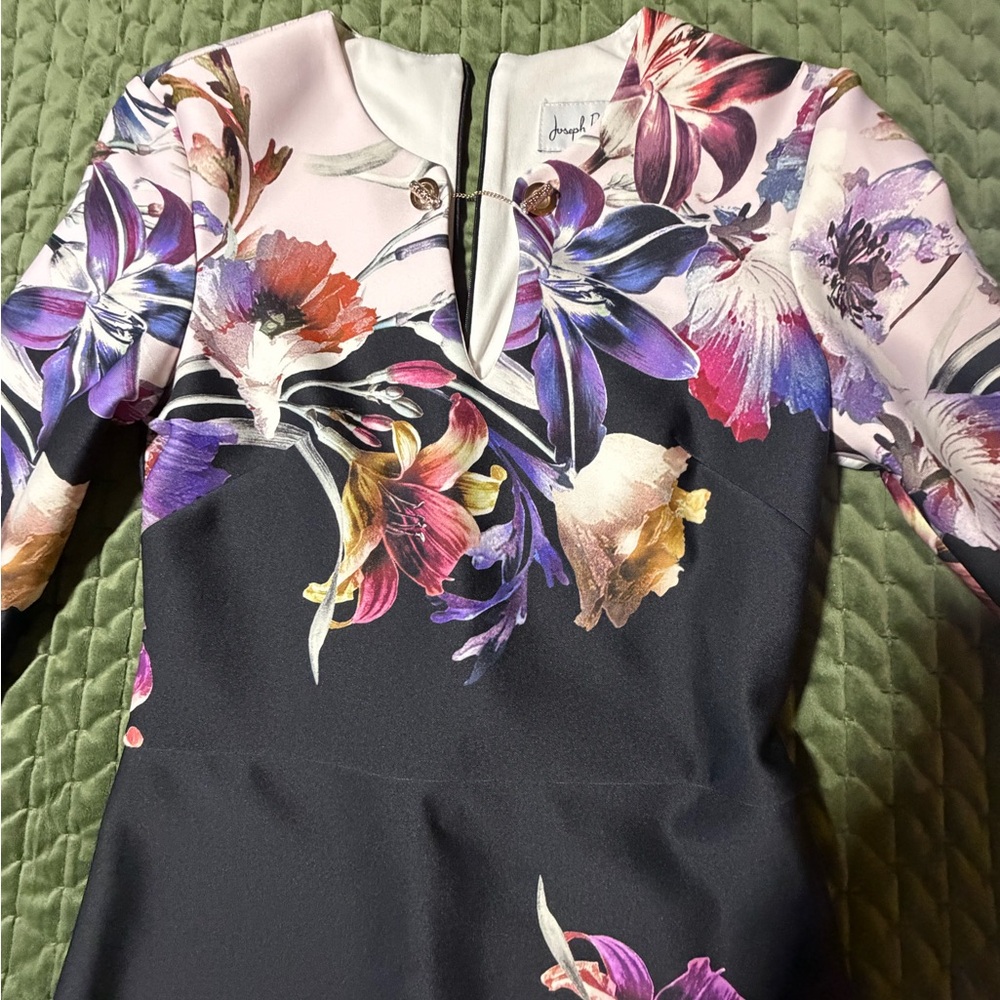Joseph Ribkoff Multi Floral Print Dress‎ black purple pink elbow sleeve size 8